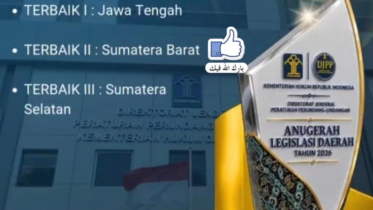 pemprov-sumbar-raih-terbaik-ii-anugerah-legislasi-daerah-2026 Gubernur Sumatera Barat menerima piagam penghargaan Terbaik II Anugerah Legislasi Daerah 2026 di Jakarta.